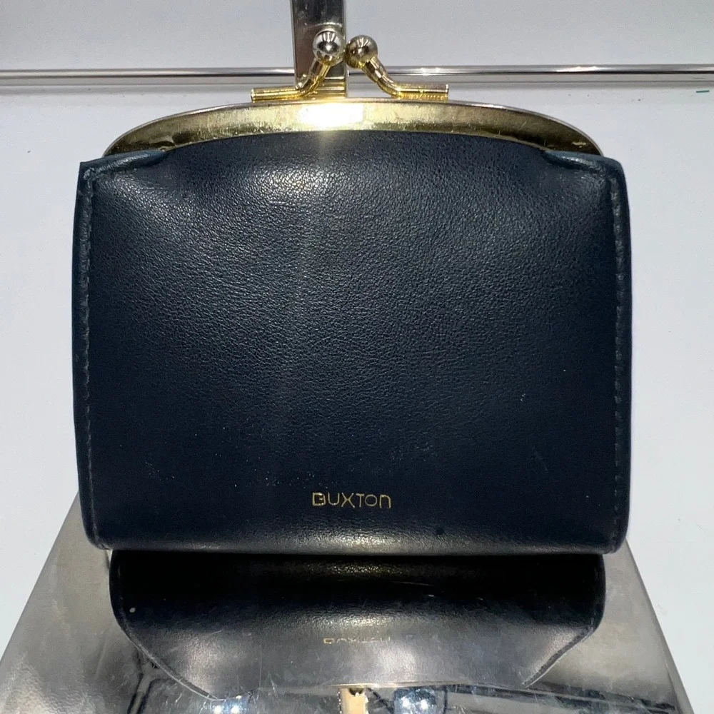 Buxton Navy Blue Leather Coin Purse Kiss Lock Small Wallet Vintage